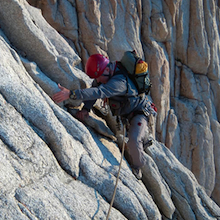 On the first pitch of the East Face route, Mount Whitney.