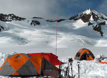 Basecamp showing the team's first route objective in the background.