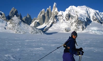 Trekking on the Icecap with a great view of Fitzroy (left) and Cerro Torre (center), with Torre Egger and Cerro Stanhardt (just left of Cerro Torre)