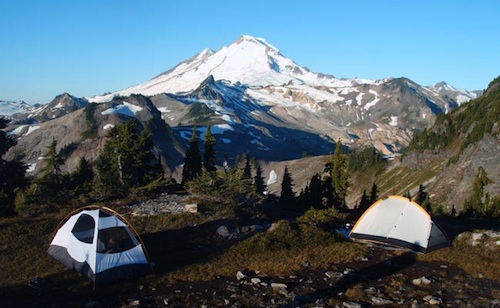 A spectacular campsite during another program in Washington's Mt. Baker Wilderness. Mt. Baker is in the distance.