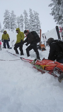 A patient is hauled on steep-angle terrain just outside Mount Baker Ski Area.